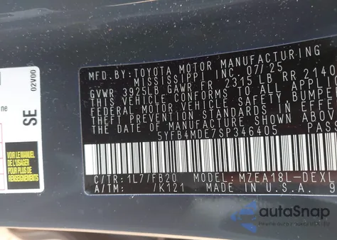 2025 Toyota Corolla Le из США, поврежденный, VIN 5YFB4MDE7SP346405